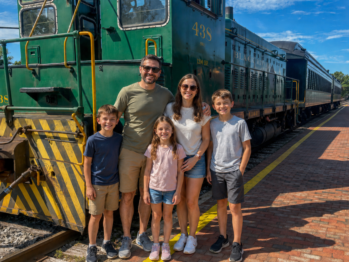 a family poses in front of a locomotive